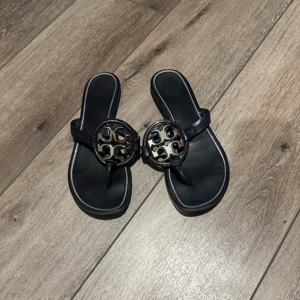 Navy Blue Tory Burch Miller Sandals with Silver T Accent